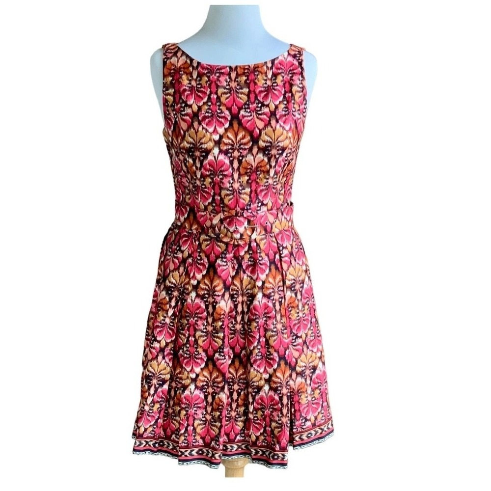 MUSE LADIES SLEEVELESS ZIPPER PLEATED BOTTOM MULTI COLORED‎ ABSTRACT DRESS Sz 6